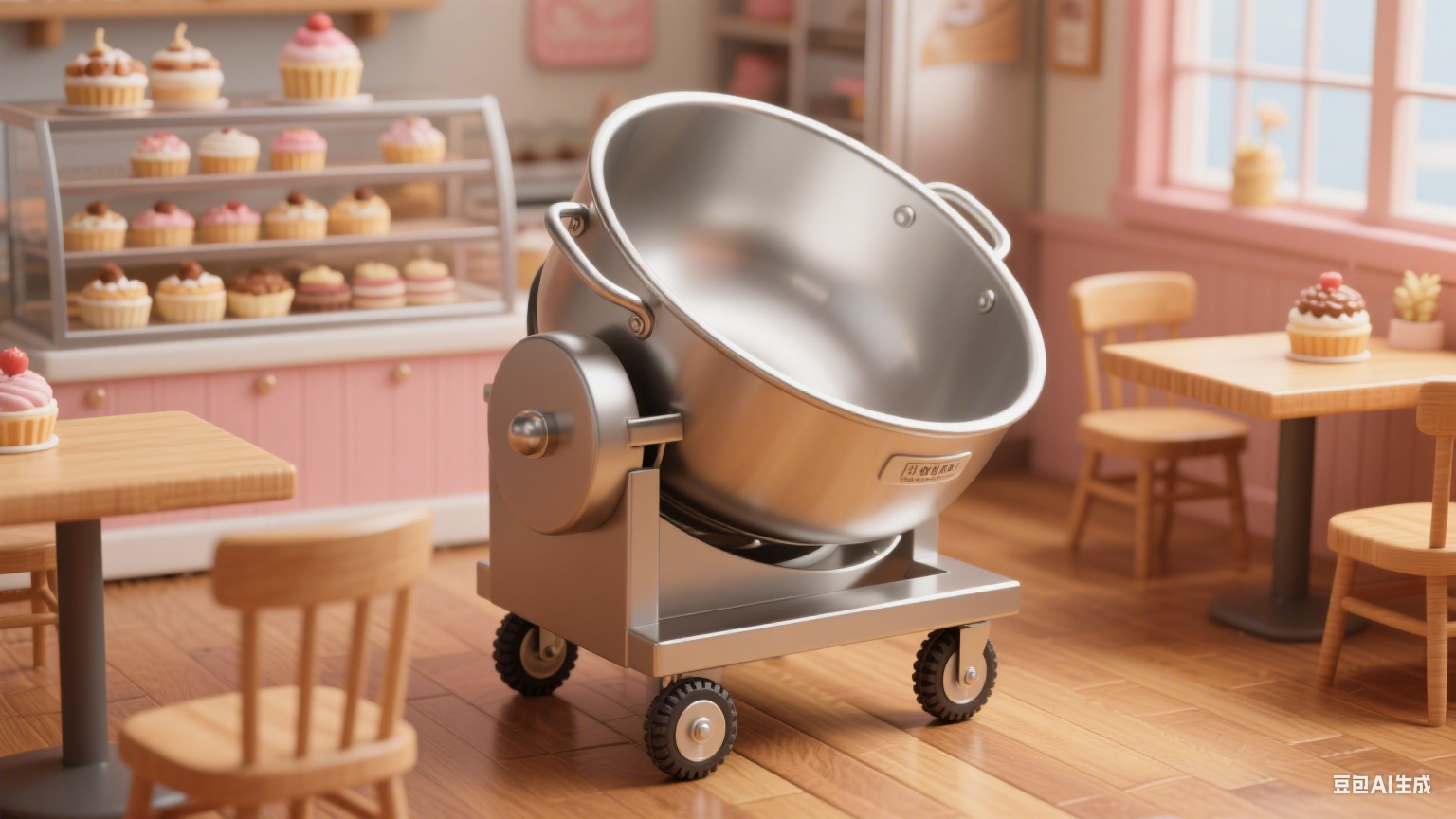 可倾式夹层锅移动方便：带轮设计易推动，厨房布局更灵活(图5)