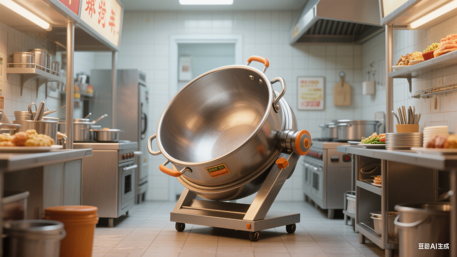 可倾式夹层锅节省空间：倾倒后占用面积小，厨房布局更合理(图6)